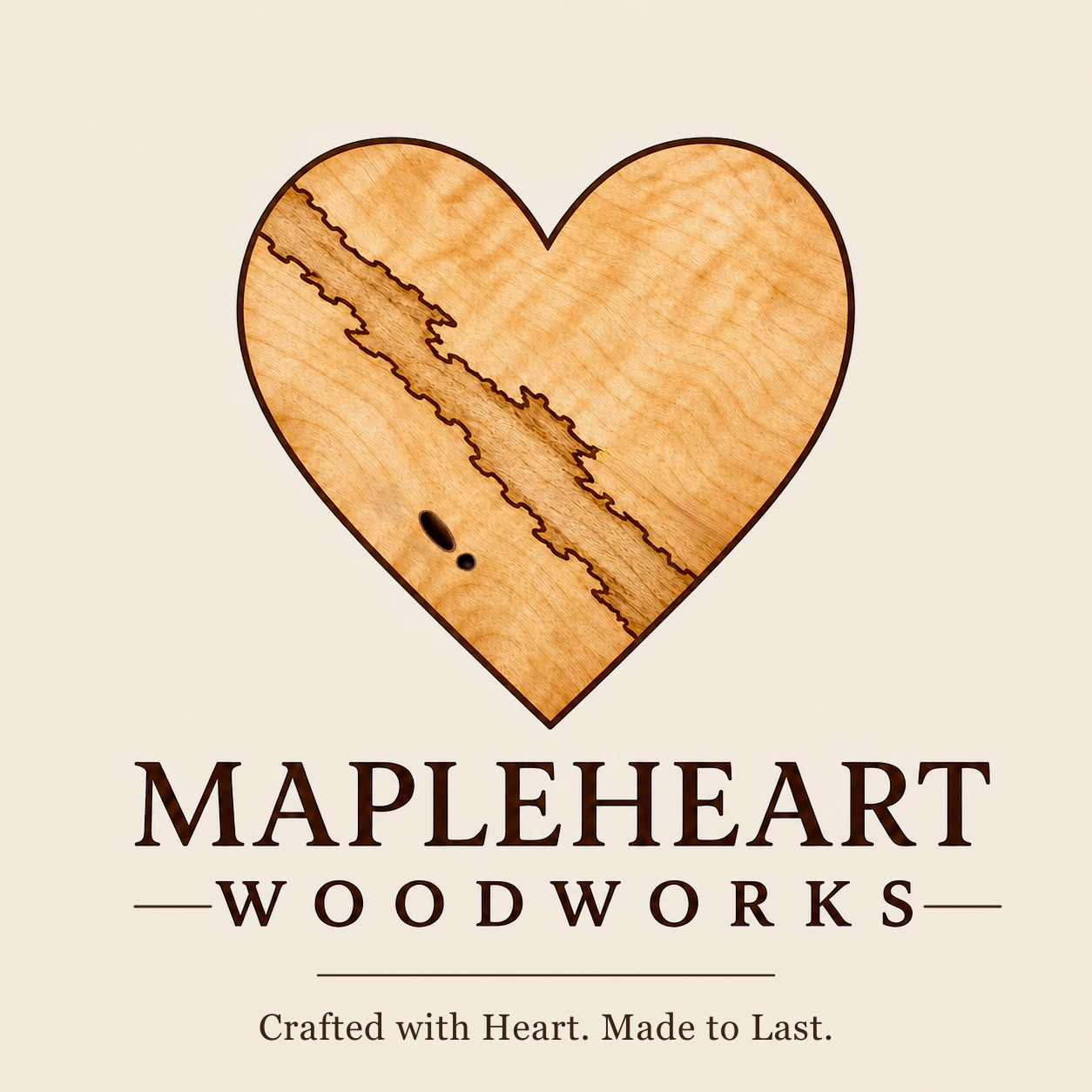 Mapleheart Woodworks logo: a spalted maple heart with MAPLEHEART WOODWORKS and the tagline Crafted with Heart. Made to Last.